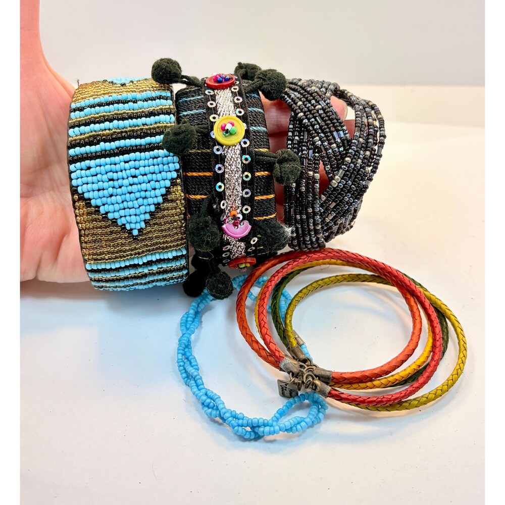 Boho Bracelets, 5 Stack, Set Lot, Layer, Beaded, Brown, Blue, Statement, Big